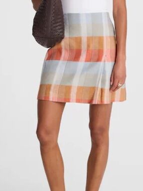 Madewell NWT Single-Pleat Linen Mini Skirt Size 10 in Blue Orange Plaid